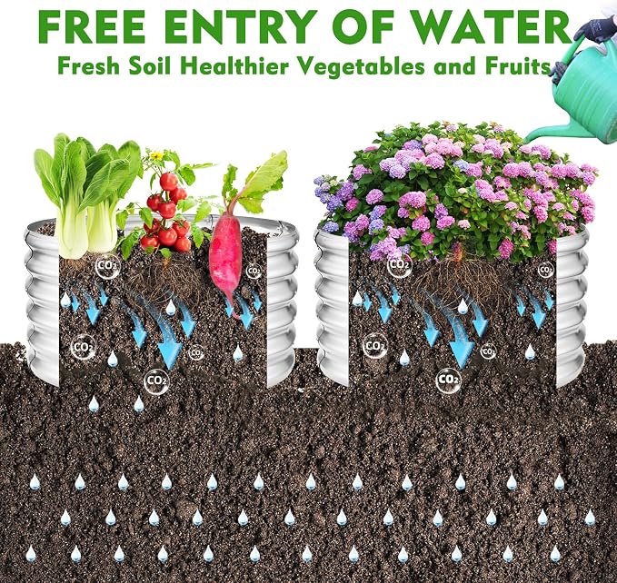 YSEJOMP 17" Tall Round Outdoor Garden Raised Garden Bed Kits-0.8MM Thick Metal Raised Planter Bed/Ground Planter Box for Variety of Flowers,Herbs,Vegetables,Trees (Silver, 32 Dia X 16.5 inches)
