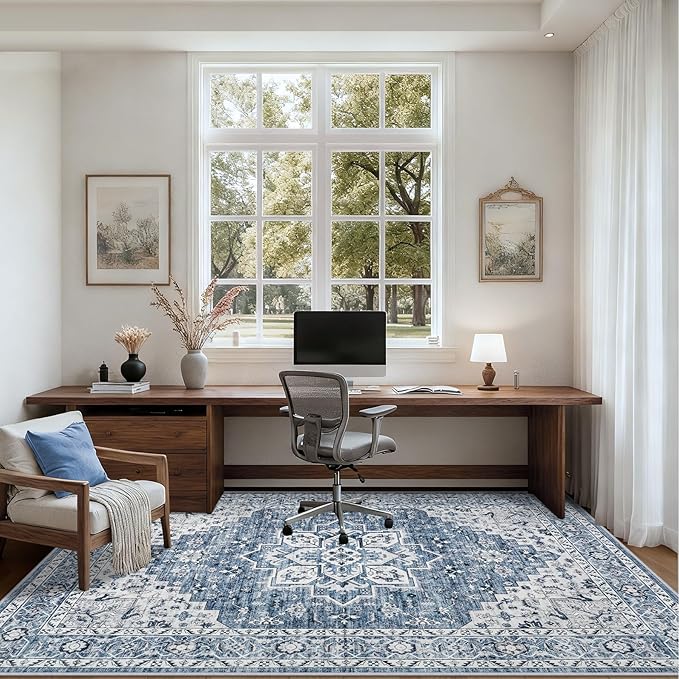 10x14 Area Rugs Living Room: Washable Vintage Rug for Bedroom Blue | Vintage No Slip Stain Resistant Rug Soft Indoor Decor Floor Floral Area Rugs for Dining Room, Nursery, Hallway, Home Office