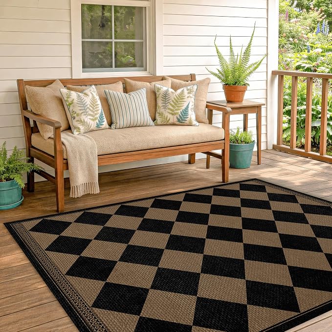 Black & Brown Checkered Easy Jute Outdoor Rug 4x6 for Porch Patio, Washable Non-Slip Diamond Checkerboard Entryway Office and Backyard Boho Border Rug, Farmhouse Low Pile Indoor Carpet for Living Room