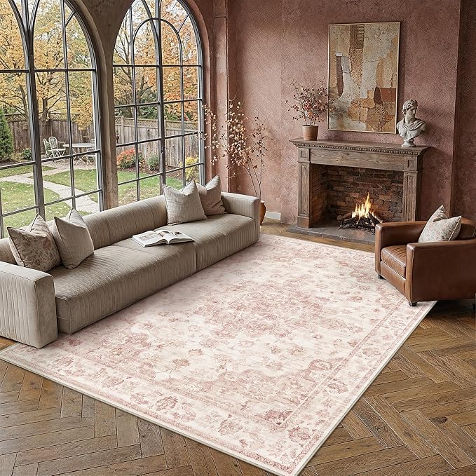 8x10 Pink Neutral Area Rug | Washable, Non Slip, Soft Low Pile, Vintage Farmhouse, Large, for Living Room Bedroom Dining Room Office Indoor Home Decor