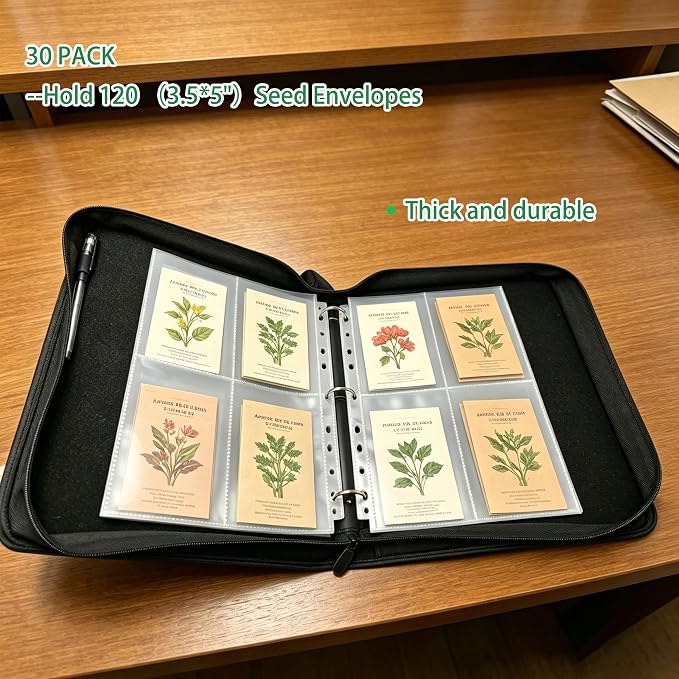 30 Pack 120 Pocket Seed Organizer Sheet, 3.5x5” Seed Packet Binder Sleeves, Heavy Duty Garden Seeds Storage Pages for 3 Ring Binder