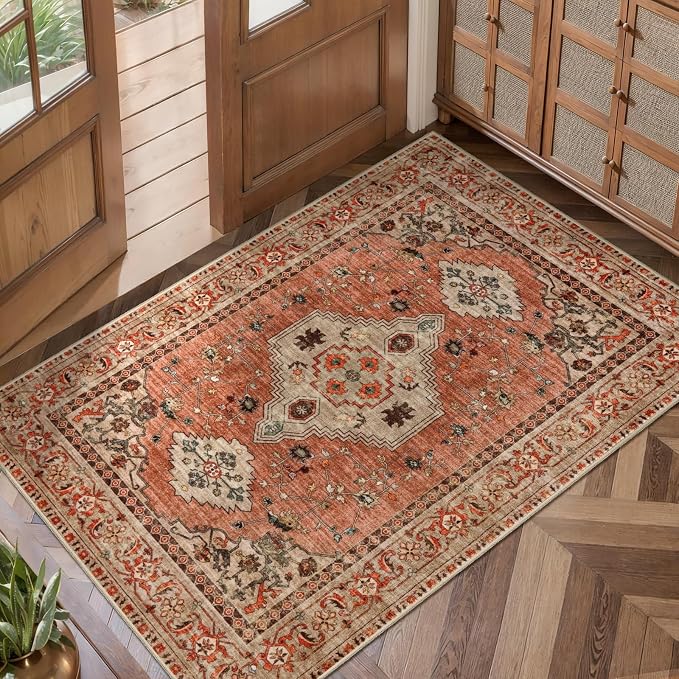 Tangsoo Boho Small Area Rug, 2x3 Washable Throw Rugs for Entryway, Non Slip | Oriental Indoor Front Door Rug Mat, Vintage Terracotta Soft Low Pile Small Carpet for Entry Entrance Kitchen Bathroom Decor