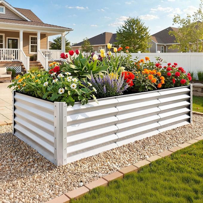 YITAHOME 8x4x3ft Galvanized Raised Garden Bed, Metal Planter Box with Safety Rubber, Gloves, Outdoor Flower Bed for Planting Plants Vegetables, Silver