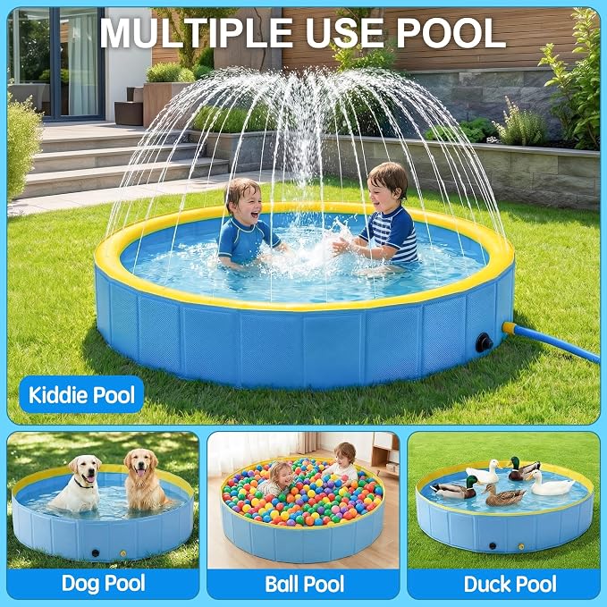 Foldable Dog Pool with Sprinkler, Ideal Splash Pool Swimming Pools | Large 48” Dog Pool, Splash Pad, Hard Plastic, Non Slip, Portable Dog Swimming Pool for Outdoor Backyard