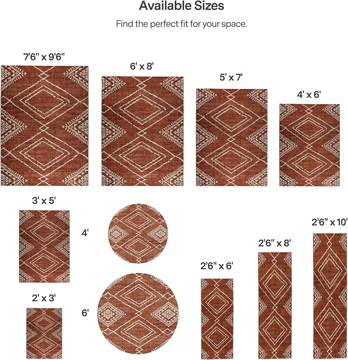 Machine Washable Area Rug - Living Room Bedroom Bathroom Kitchen Entryway Office - Padded Low Pile Stain Resistant Premium - Moroccan Diamond Tribal - Jax - Orange 6' x 8'