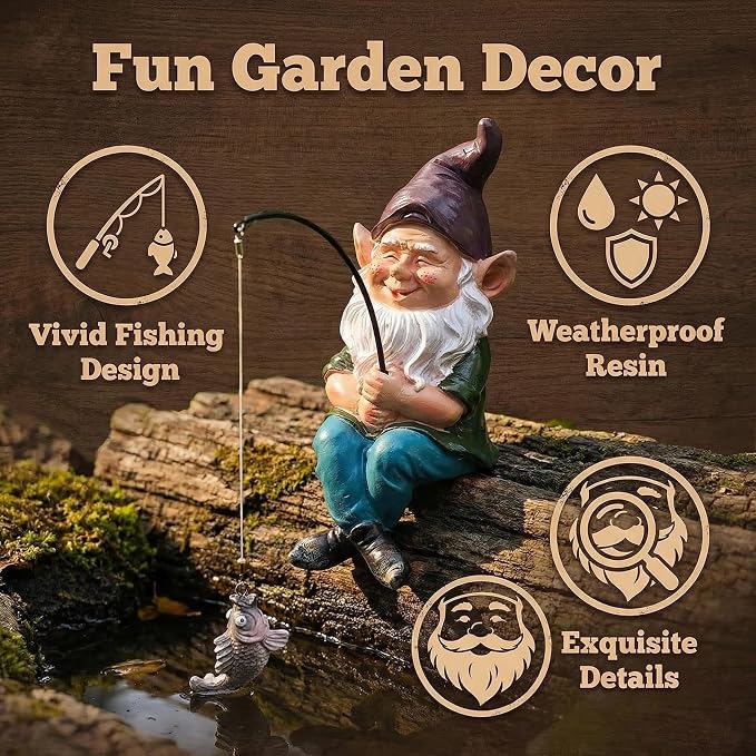 Gnomes Decoration for Yard Outdoor Garden Decor 9.7 Inch Tall Fishing Gnome Statue for Koi Pond, Waterfalls or Poolside Ornaments, Fisher Guy Outdoor Statues, Gift for Mom & Women