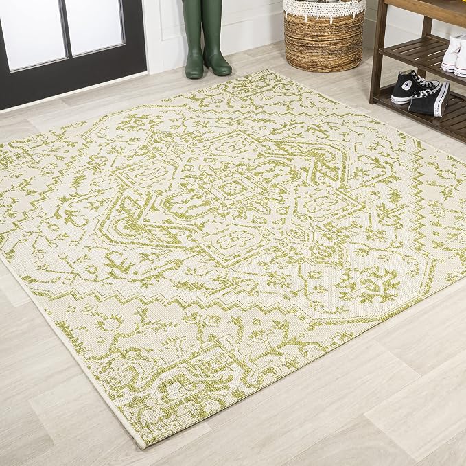 JONATHAN Y Boho Medallion Indoor Outdoor Square Area Rug 5X5 Cream/Green, Estrella Textured Weave for Backyard, Patio, Porch, Easy-Cleaning, High Traffic, Pet-Friendly, Non-Shedding (SMB105E-5SQ)