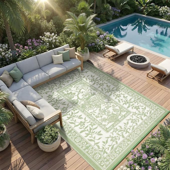 Garvee Outdoor Rug 6x9, Waterproof Reversible Foldable Plastic Straw Rug, Botanical Cottagecore Outdoor Rugs Patio Camping RV Carpet for Deck Camper Porch Balcony Backyard Picnic Beach Gray Sage Green