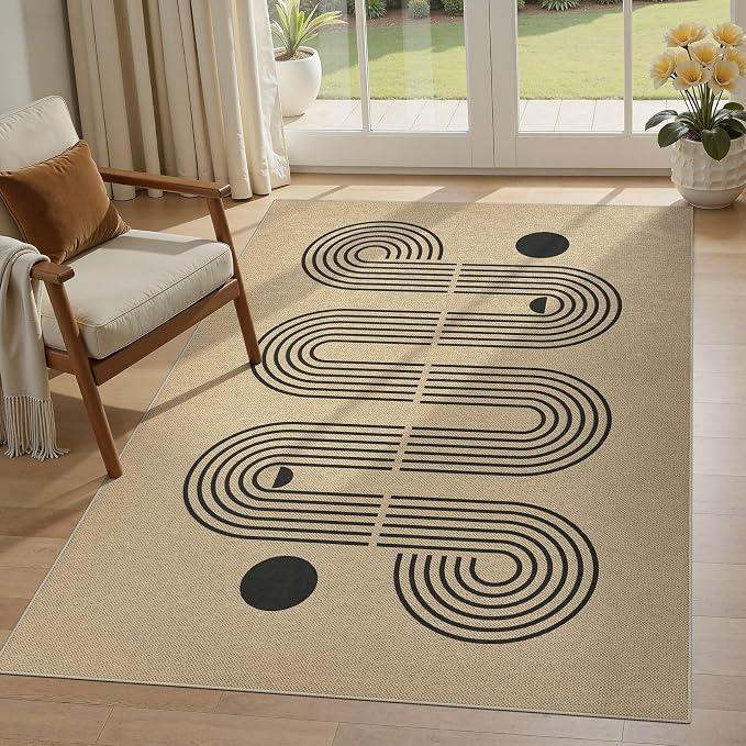 UERMEI 4x6 Outdoor Jute Area Rug Patio Neutral Washable Geometric Brown | Easy Non Slip Pet Friendly Indoor Farmhouse Carpet for Living Room Bedroom Dining Backyard