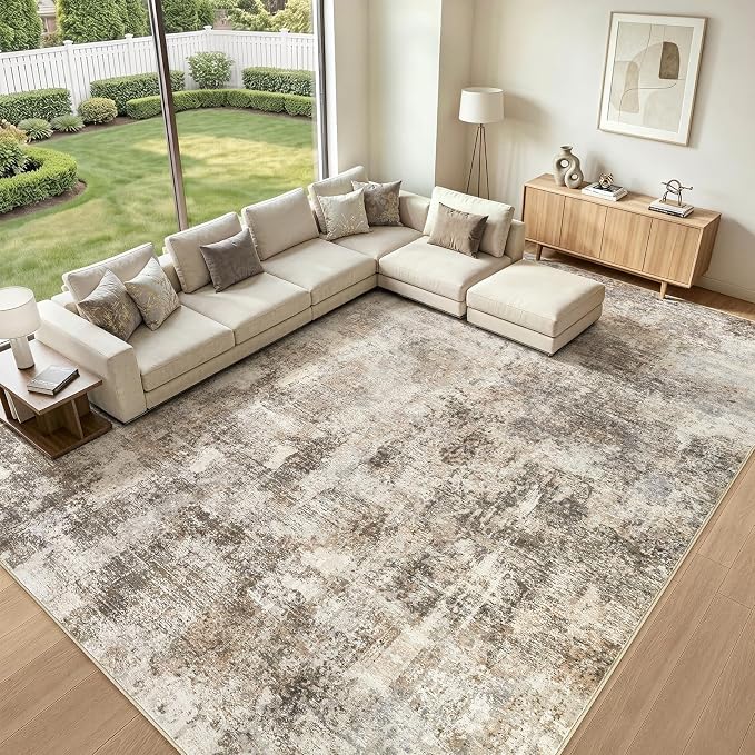 12x15 Area Rug Washable Abstract Rugs for Living Room Dark Brown | for Bedroom, Dining Room, Office, Nursery, Soft Neutral, Low Pile Non-Slip, Kid Pet Friendly, Large Indoor Carpet, Home Decor