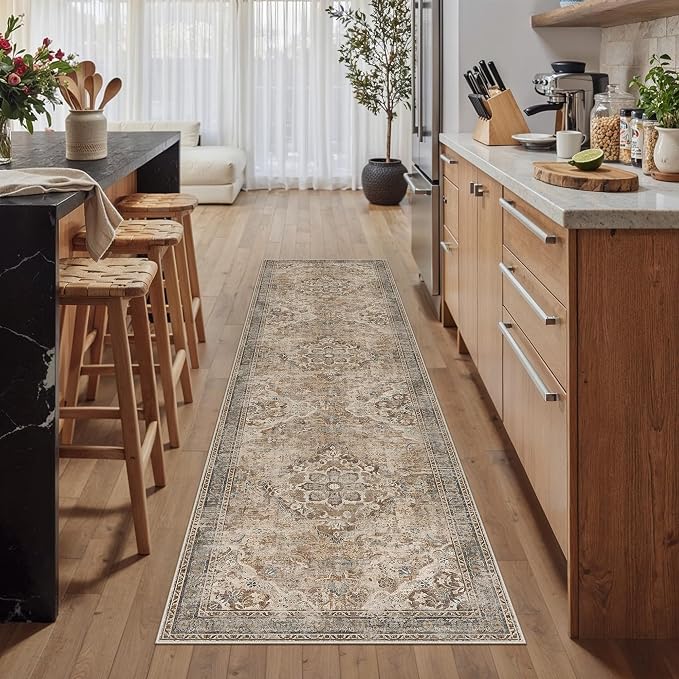 Brown Runner Rug 2x8 Kitchen Vintage Floral Non-Slip Carpet | Machine Washable, Soft, Low Pile, Distressed, for Hallway, Entryway, Laundry Room, Bathroom, Retro Farmhouse Decor