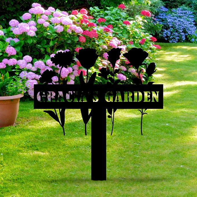 Personalized Flowers Garden Sign with Stakes, Customized Metal Sign for Outdoor, Custom Flowers Metal Garden Decor, Sign for Flower Beds, Metal Yard Art, Patio Garden Decorations, Housewarming Gift