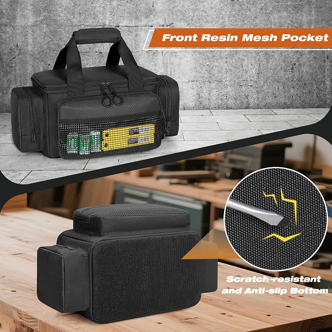 Small Tool Bag With Anti-Friction Bottom, 12-Inch Tool Organizer | Large Capacity, Top Full-Opening, Multiple Pockets, Padded Handles, Small Tool Box for Gardener, Technician, Electrician