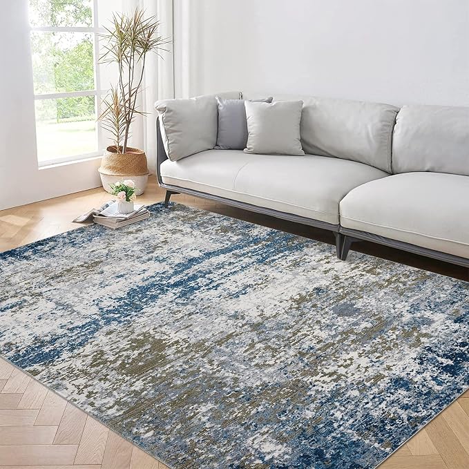 ROYHOME 8x10 Modern Abstract Rug Faux Wool Accent Ultra Soft Rug, Navy | Non Slip Non Shedding Large Washable Rug for Living Room Bedroom Dining Room Office Home