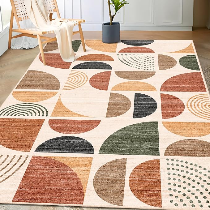 3x5 Rug Washable,Boho Area Rugs Small Non Slip Modern Abstract | Machine Washable Throw Carpet for Bedroom Entryway Living Room Bedside Soft Low Pile Floor Indoor Bohemian Terracotta