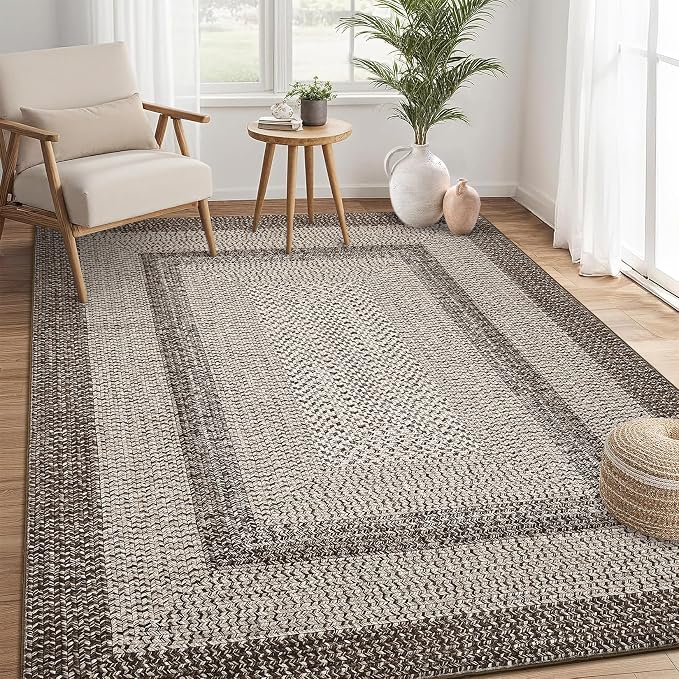RUGSREAL Large Bedroom Rug 6x9 Washable Braided Print Living Room Rugs | Non Slip Low Pile Farmhouse Rustic Carpet Geometric Bordered Braided Carpet for Nursery Kitchen Home Office, Mocha