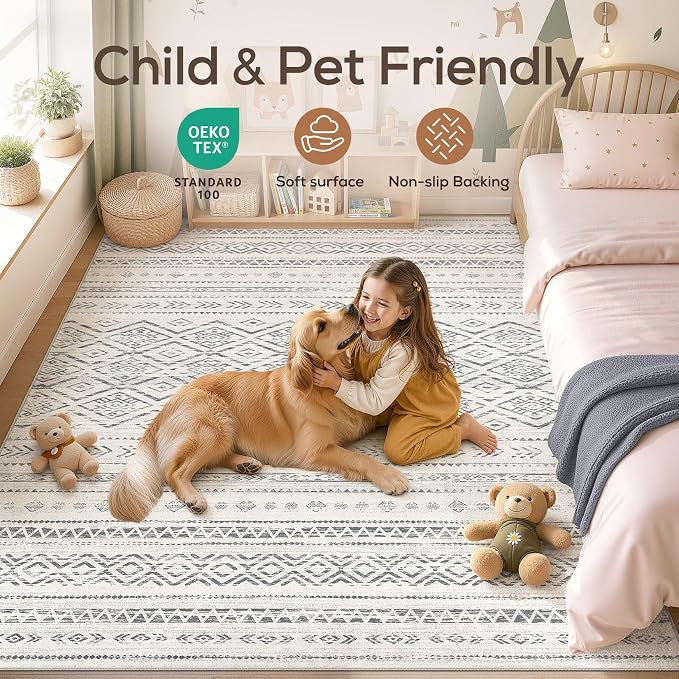Nakagishi Area Rug Living Room Rugs: 10x14 Large Soft Machine Washable Boho Moroccan FarmNeutral Stain Resistant Indoor Floor Carpet for Bedroom Under Dining Table Home Office Decor-Grey