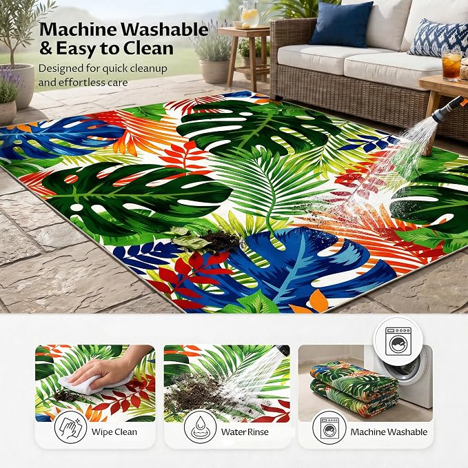 Arenarug 5x8 Monstera Tropical Outdoor Rug – Waterproof Non-Slip Machine Washable Patio Rug, UV & Stain Resistant Outdoor Carpet for Patio Deck Balcony Backyard, Colorful