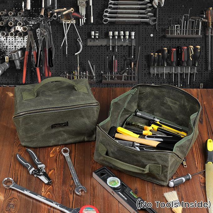 Heavy Duty Tool Storage Organizer, Tool Pouch with Metal Zipper + Handle, 16 OZ Waxed Canvas Tool Bag | 3-Pack | 9.5"L x 5.5"W x 5.5"H (Closed) - Army Green