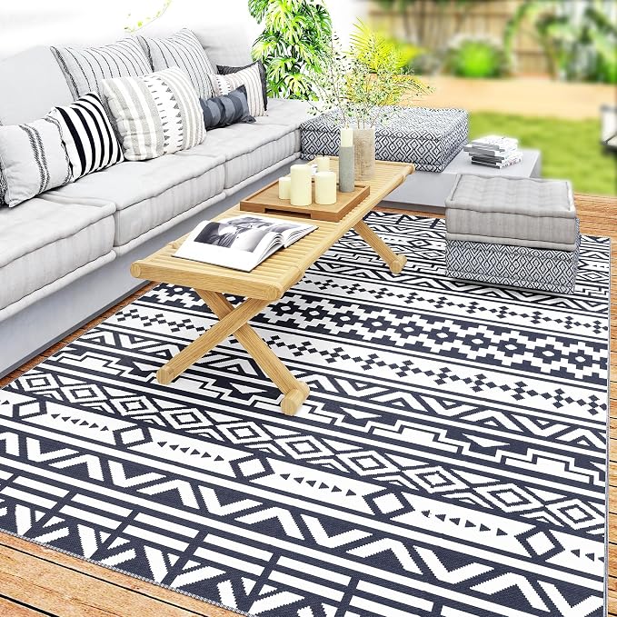 Outsunny Outdoor Rug for Patio, 6' x 9' Waterproof Large Mat, Reversible Plastic Straw Rug for Decor, Portable Outside RV Camping Area Carpet Mat for Backyard Porch Deck Picnic, Blue & White Geometric