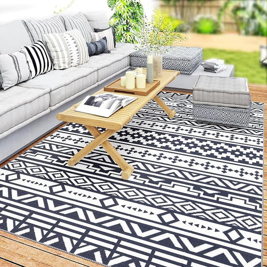Outsunny Outdoor Rug for Patio, 6' x 9' Waterproof Large Mat, Reversible Plastic Straw Rug for Decor, Portable Outside RV Camping Area Carpet Mat for Backyard Porch Deck Picnic, Blue & White Geometric