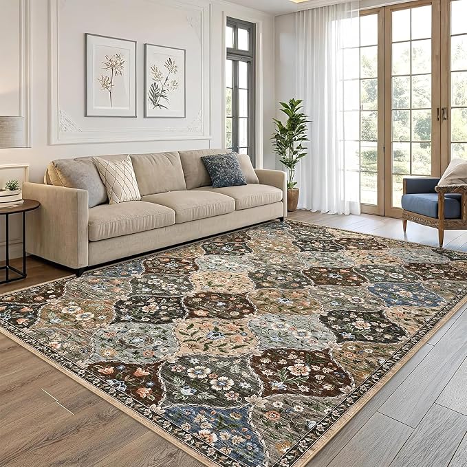 ROYHOME Area Rug - 5x7 Trellis Floral Non-Slip Machine Washable Rug | Vintage Distressed Floral Carpet Stain Resistant Accent Rug Farmhouse Floor Cover for Dining Bedroom Decor, Taupe/Brown