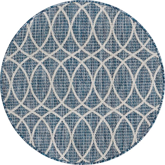 Unique Loom Outdoor Trellis Collection Area Rug - Gitter (3' 1" Round, Blue/ Ivory)