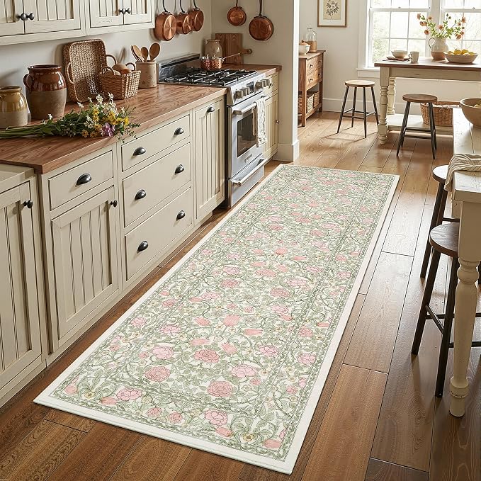 GarveeHome Pink Green Beige Floral Washable 2x3 Rug for Entryway Door Mat | Kitchen Bathroom Girls Bedroom Dorm Rug Vintage Boho Small Rugs Low-Pile Non-Slip Stain Resistant TPE Backing