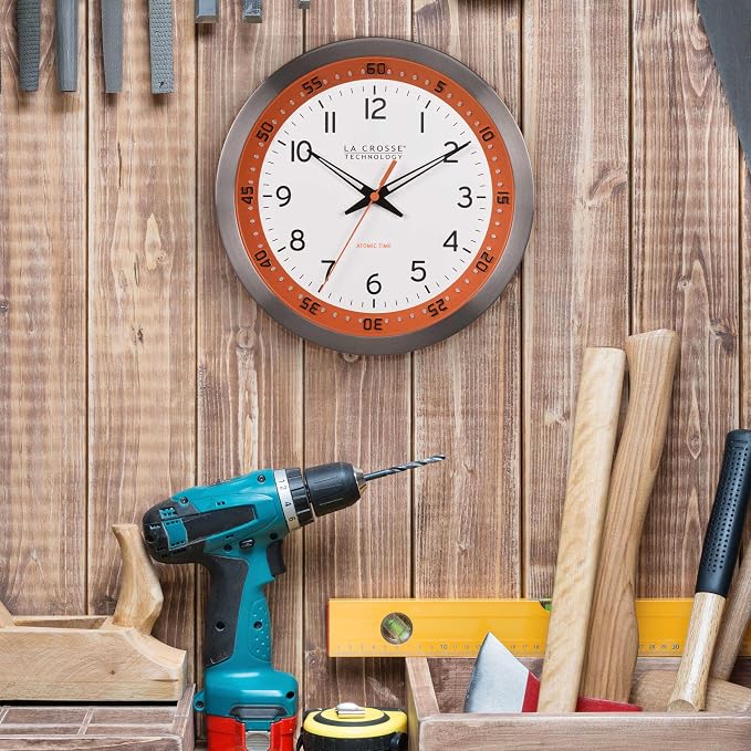 La Crosse Technology 404-87696-INT 10 inch Orange Chapter Ring Stainless Steel Atomic Analog Wall Clock
