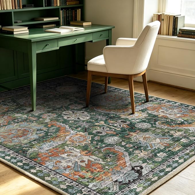 Washable Area Rugs - Perfect for Living Room, Bedroom, Kids Room, Nursery - Stain & Water Resistant Non-Slip, Pet & Child Friendly, Vintage Tribal Area Rugs (Green, 5' x 7')
