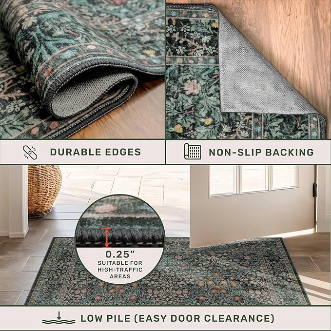 Dark Green 2'6" x 10' Runners for Wide Hallways Non Slip, Extra Long 10ft Floor Runner for Kitchen, Entryway Indoor, Washable Rubber Backing Stain Resistant - Vintage Floral Décor