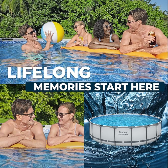 Bestway Steel Pro MAX 18' x 48" Above Ground Swimming Pool Set with Pump | Durable Round Metal Frame Outdoor Backyard Pool, Puncture-Resistant Liner - Ladder and Cover Included, Gray