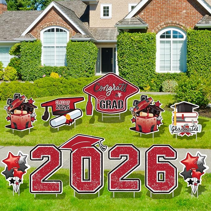 Large 11 PCS Graduation Yard Signs, Class of 2026 Congrats Grad Outdoor Lawn Yard Sign with Stakes, Graduate Yard Decorations for College High School Party, Black and Red