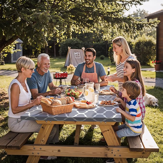Fitted Waterproof Picnic Table Cover with Bench Covers Elastic Polyester 96In Camping Tablecloths for 8Foot Rectangle Tables Summer Fall Glamping Roadtrip Stuff Festival Vacation Items Gift