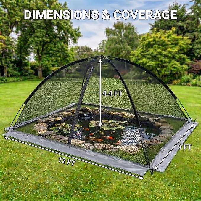 PGL Pond Cover Net Garden Dome Netting - Outdoor Protecting Tent for Fish Koi 9×12FT Zippers and Wind Ropes Protect Ponds, Gardens and Vegetable Gardens