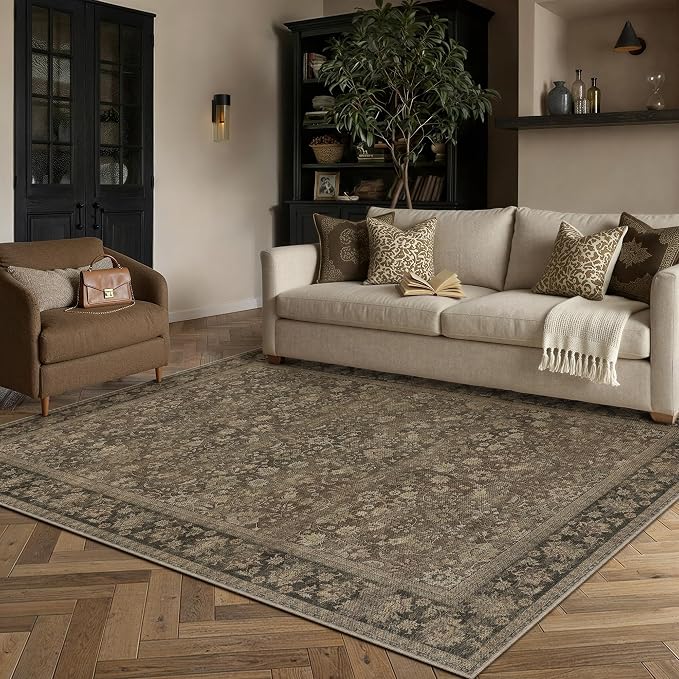 HUGEAR 5x7 Indoor/Outdoor Rug Brown Linen-Look Fabric Vintage Area Rug High Traffic Stain Resistant Easy Clean Durable Rugs for Living Kitchen Patio Deck Balcony Porch Garden Courtyard