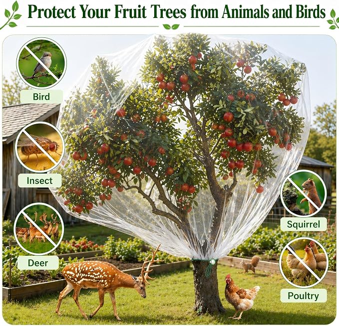 3 Pack 12 x 12 ft Large Fruit Tree Netting Covers with Zipper & Drawstring, Extra Fine Mesh Garden Netting for Blueberry Peach Apple Trees, Protects Fruit from Birds, Squirrels, Deer, Cicadas, Beetles