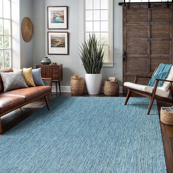 Washable Indoor Outdoor Rug 9x12 Weather Resistant Area Rugs Modern Solid for Porch Deck Balcony Backyard Patio Outside Carpet (9 X 12 Aqua Blue)