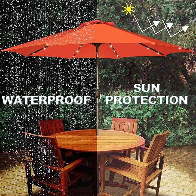 Blissun 9 ft Solar Umbrella, 32 LED Lighted Patio Umbrella, Table Market Umbrella, Outdoor Umbrella for Garden, Deck, Backyard, Pool and Beach (Orange)
