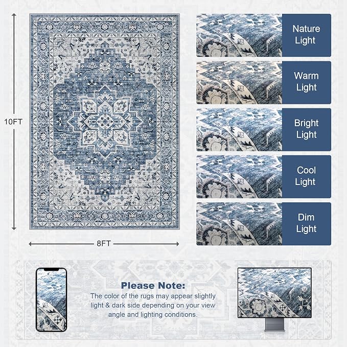8x10 Area Rugs Living Room: Washable Vintage Rug for Bedroom Blue | Boho No Slip Stain Resistant Rug Soft Indoor Decor Floor Floral Area Rugs for Dining Room, Nursery, Hallway, Home Office
