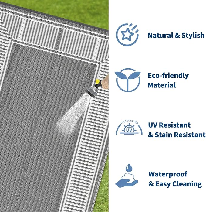 Waterproof Plastic Straw Outdoor Rug 9x18 Patio Reversible UV Resistant Foldable Camping Carpet Modern Striped Large Outdoor Rugs for Deck, Picnic, Porch, Camper, Balcony, Beach，Grey/White