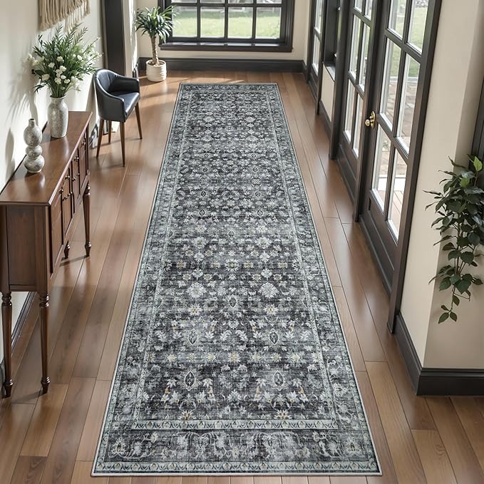 Ciicool Grey Vintage Boho 2x8 Washable Runner Rug Hallway Kitchen Rugs Washable Floral Soft Low Pile Long Carpet Suitable for Entryway Bedroom Laundry Bathroom
