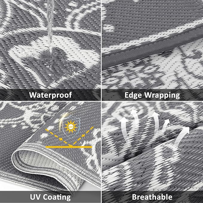 Pauwer Waterproof Outdoor Rug 8x10, Reversible Plastic Straw Patio Camping Rug, Indoor Outdoor RV Mat Carpet for Deck, Camper, Porch, Balcony, Backyard, Picnic, Floral Grey