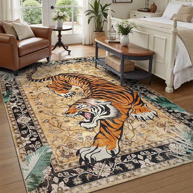 DCX Washable 6x9 Tiger Area Rug, Brown Vintage Animal Rug for Living Room, Soft Low Pile Carpet, Kid & Pet Friendly with Rubber Back Non Slip, Stain Resistant Rug for Bedroom Dining Room Office