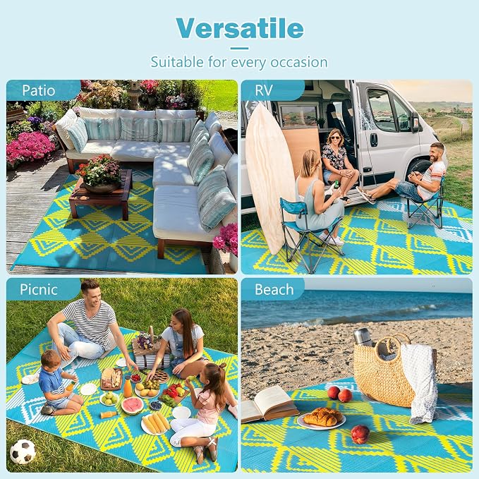 Lahome Outdoor Plastic Straw Rug, Reversible Outdoor Rug Waterproof 6x9 Patio Rugs, Camping Rugs for RV Backyard Deck Porch Picnic Beach Trailer (Blue/Yellow, 6' x 9')