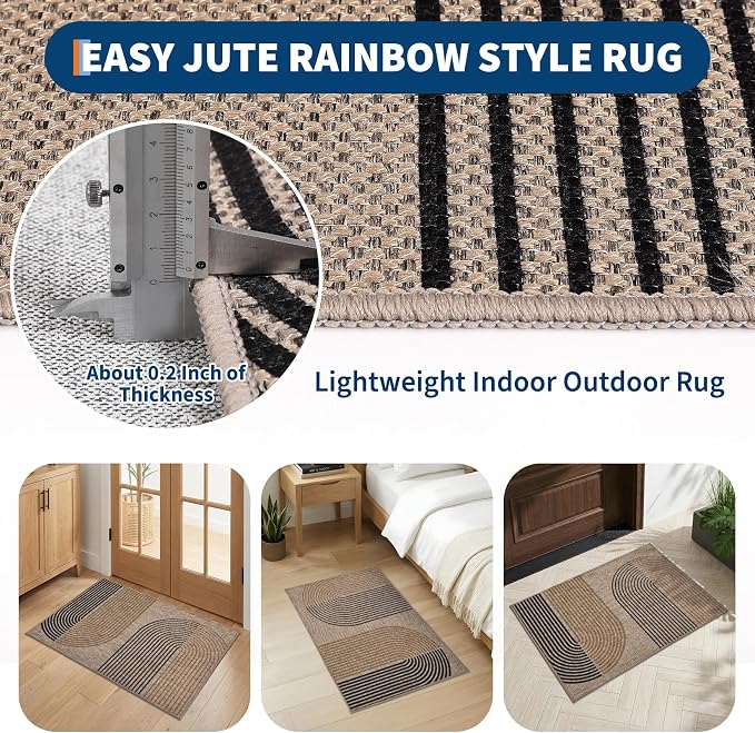 GarveeHome Modern Rainbow Easy Jute Rug, 2x3 Entryway Rug - Non-Slip Indoor Outdoor Doormat, Washable & Non-Shedding for Front Door, Kitchen, Farmhouse Porch