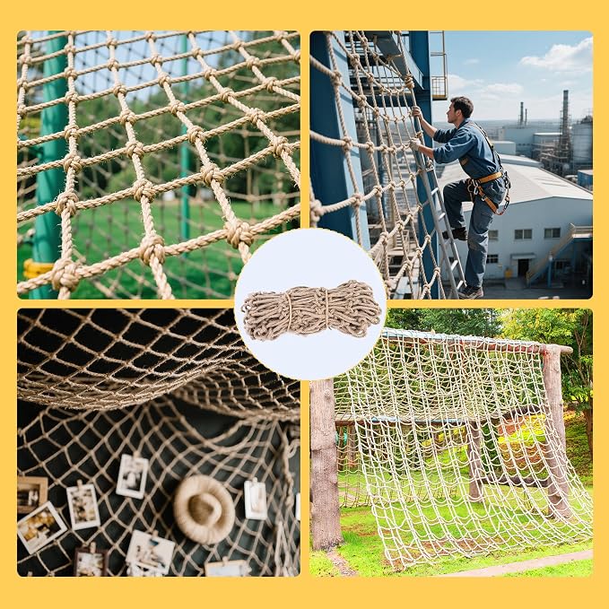 Jute Hemp Rope Net,Heavy Duty Natural Safety Rope Netting Balcony Stairs Fence Garden Playground Protection Net Indoor & Outdoor Decoration Rope Netting (6.5FT*16FT)