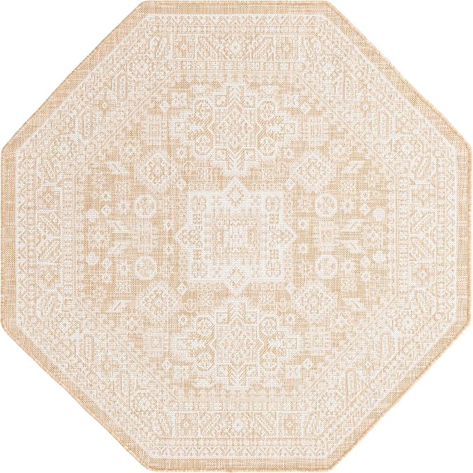 Unique Loom Outdoor Aztec Collection Area Rug - Chalca (5' 3" Octagon, Natural/ Ivory)
