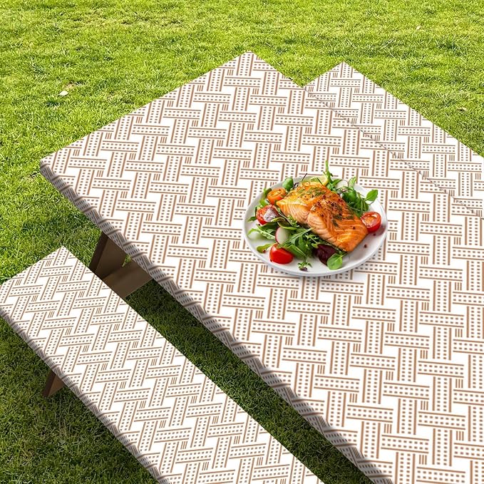 Picnic Table Cover with Bench Covers Elastic Edges, Boho Camper Fitted Table Cover, Outdoor Patio Camping Essentials 72 Inch 3PCS, Waterproof Camping Fitted Tablecloth with Drawstring Bag