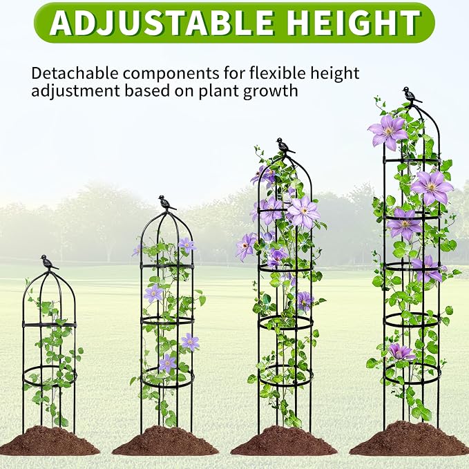 6.7FT Garden Obelisk Trellis for Climbing Plants,Adjustable 5-Tier Metal Plant Support,Rustproof Outdoor Plant Tower with 3 Decorative Tops for Roses,Tomatoes,Clematis & Vines,Black